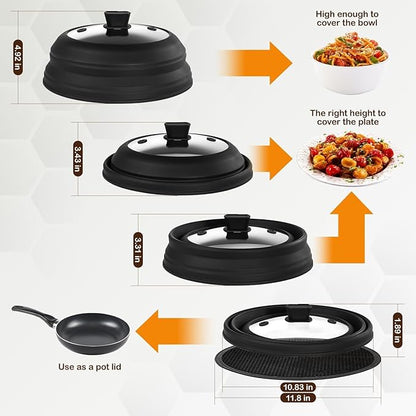 Lzerking Microwave Splatter Cover & Silicone Mat, 10.8 inch Glass Splatter Guard Lid with Collapsible Silicone for Food, Fits 6-10 inch Pot Plate Bowl, Heat Resistant, Dishwasher Safe, Kitchen, Black