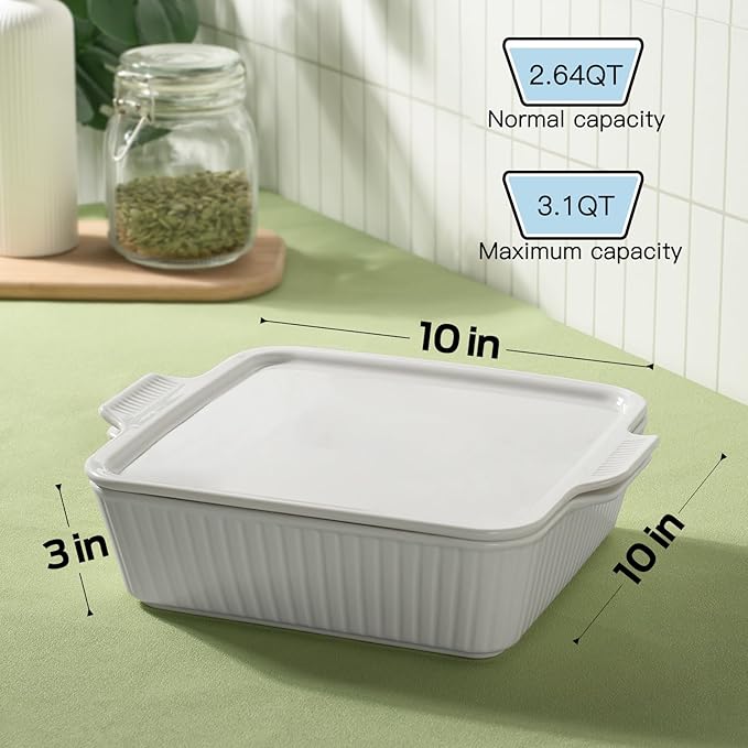 Dizada 10" Square Casserole Dish with Lid - 2-in-1 Porcelain Baking Dish 2.6 Qt, Oven to Table Ceramic Bakeware for Lasagna, Cake, Microwave Dishwasher Safe