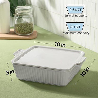 Dizada 10" Square Casserole Dish with Lid - 2-in-1 Porcelain Baking Dish 2.6 Qt, Oven to Table Ceramic Bakeware for Lasagna, Cake, Microwave Dishwasher Safe