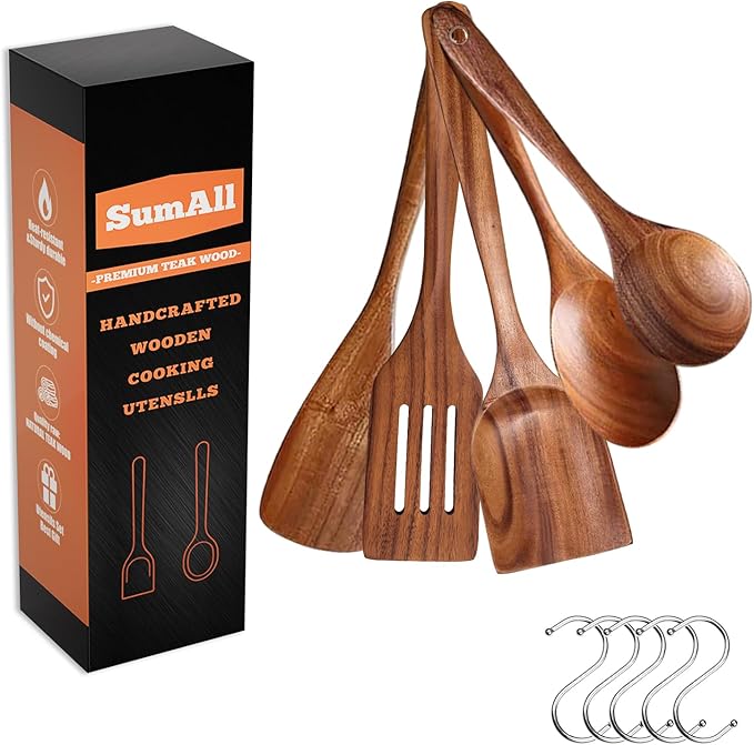 5 PCs Teak Wooden Utensil Set with Hooks, Wooden Spoons for Cooking, Wood Cooking Utensils Set, Comfort Grip, Non Stick Cookware, Easy to Clean, Kitchen Stuff, Wood Spatula by Unknown