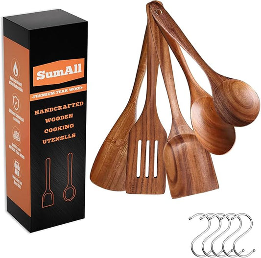 5 PCs Teak Wooden Utensil Set with Hooks, Wooden Spoons for Cooking, Wood Cooking Utensils Set, Comfort Grip, Non Stick Cookware, Easy to Clean, Kitchen Stuff, Wood Spatula by Unknown