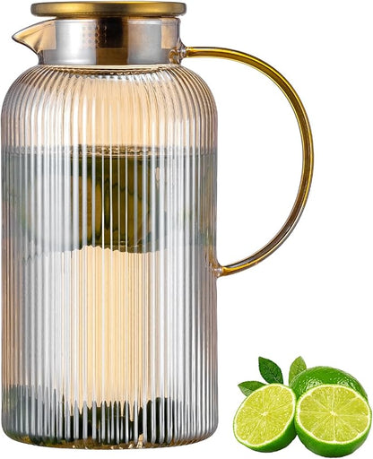 Buaic Glass Pitcher with Lid, 84oz/2.5 Liter Amber Classic Vertical Stripes Water Pitcher,Glass Water Carafe for Cold Brew, Coffee, Lemonade, Iced Sun Tea,Beverage, Milk, Heat Resistant
