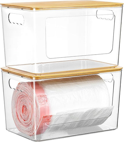 Vtopmart 2 Pack Trash Bag Holder with Bamboo Lid, Stackable Garbage Bag Dispenser for 13/30/33 Gallon Bags, Clear Organizer Bins for Under Kitchen Sink, Laundry Room Organization and Storage by Vtopmart