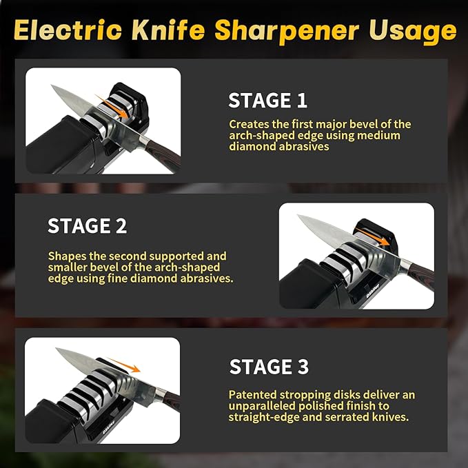 Electric Knife Sharpener for Kitchen – Professional 3-Stage 100% Diamond System with 20° Precision Angle, Fast Sharpening to Restore & Polish Chef Knives(Black) - Image 5