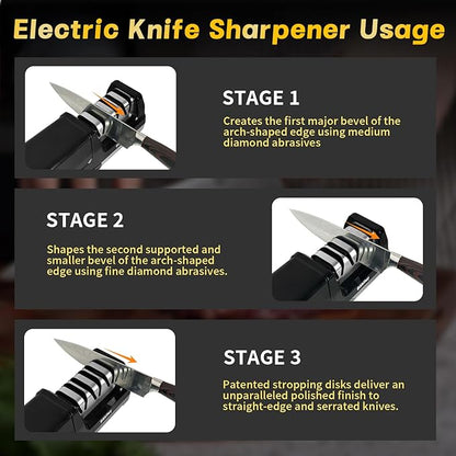Electric Knife Sharpener for Kitchen – Professional 3-Stage 100% Diamond System with 20° Precision Angle, Fast Sharpening to Restore & Polish Chef Knives(Black) - Image 5
