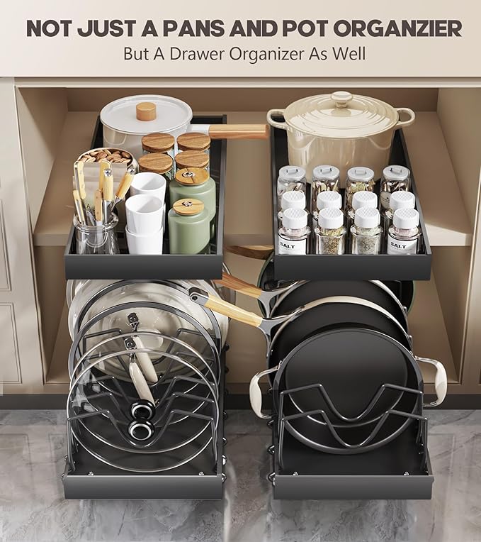 Lozovin Pull Out Pots and Pans Organizer Under Cabinet, Sliding Lid Holder and Pan Rack in Kitchen, Slide Out inside Cabinet Storage for Pot Lid, Bakeware, Dishes, 8 Adjustable Dividers, 1 Pack Black - Image 5