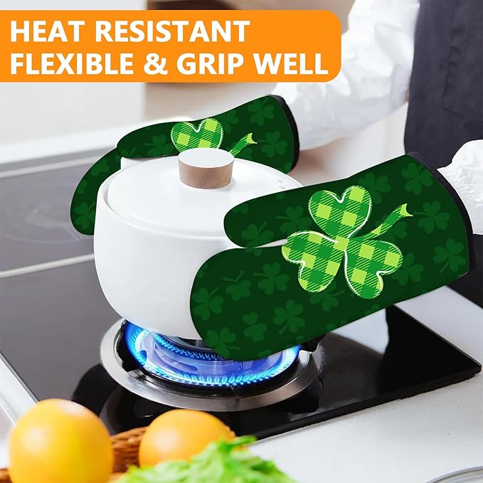 Green Clover Oven Mitts and Pot Holders Sets 4Pcs,Extra Long Oven Gloves Potholder for Kitchen Cooking Baking BBQ 100% Cotton Heat Resistant(St. Patrick's Day) - Image 6