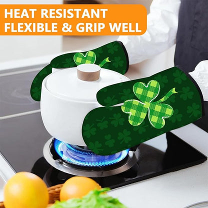 Green Clover Oven Mitts and Pot Holders Sets 4Pcs,Extra Long Oven Gloves Potholder for Kitchen Cooking Baking BBQ 100% Cotton Heat Resistant(St. Patrick's Day) - Image 6