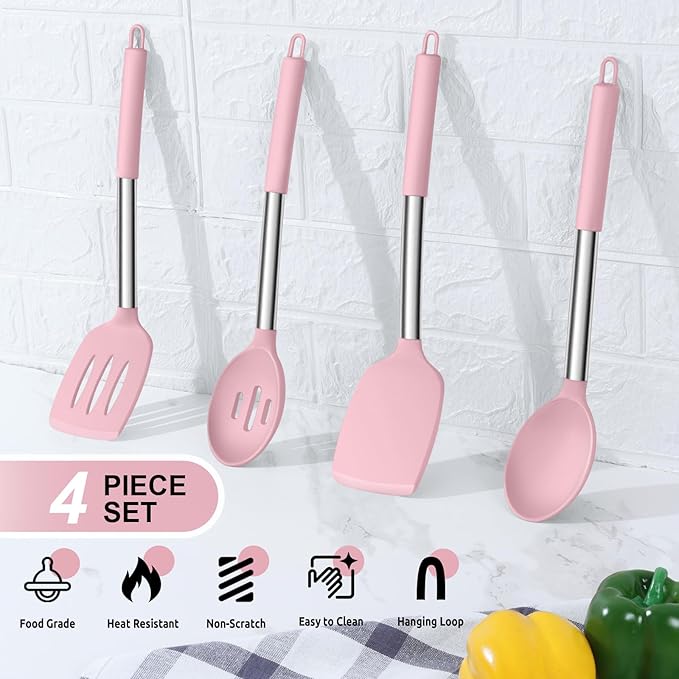 E-far Cooking Utensils Set of 4, Silicone Kitchen Utensils for Non-stick Cookware, Heat Resistant & Non-toxic Slotted Spatula Solid Spoon Turner for Flipping Mixing Serving Basting(Pink) - Image 3