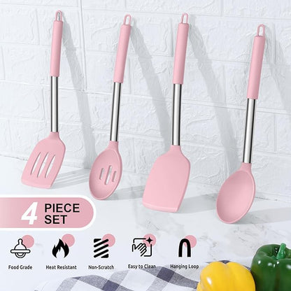 E-far Cooking Utensils Set of 4, Silicone Kitchen Utensils for Non-stick Cookware, Heat Resistant & Non-toxic Slotted Spatula Solid Spoon Turner for Flipping Mixing Serving Basting(Pink) - Image 3