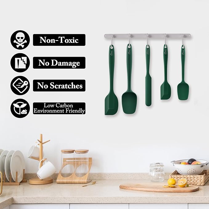 HOTEC 600℉ Heat Resistant BPA-Free Silicone Rubber Spatula Set,Kitchen Cooking Spatulas, Baking, Mixing for Non Stick Cookware, Dishwasher Safe, Dark Green Set of 5 - Image 4