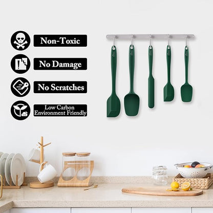 HOTEC 600℉ Heat Resistant BPA-Free Silicone Rubber Spatula Set,Kitchen Cooking Spatulas, Baking, Mixing for Non Stick Cookware, Dishwasher Safe, Dark Green Set of 5 - Image 4