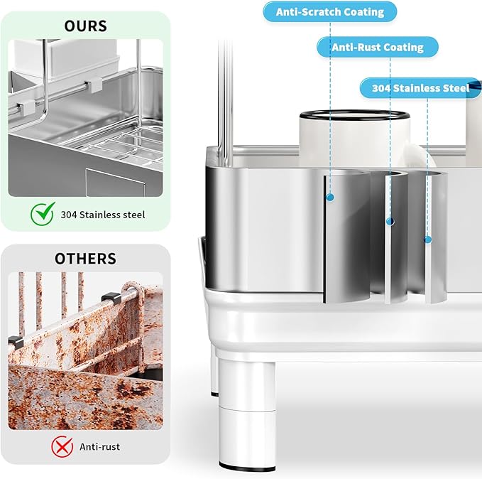 Ewaiira Dish Drying Rack, 2 Tier Large Dish Rack, Stainless Steel Dish Drainer for Kitchen Counter, Dishes Rack with Automatic Drainage, Utensil Holder&Cups Holder,Space Saving Kitchen Organizer,White - Image 6