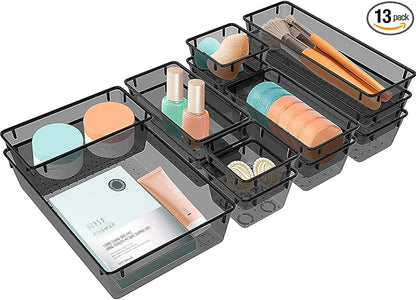 StorMiracle 13 PCS Clear Plastic Drawer Organizers Set, 4 Size Desk Drawer Organizer Trays for Makeup, Jewelry, Kitchen Utensils, Gadgets and Office Accessories, Black by StorMiracle