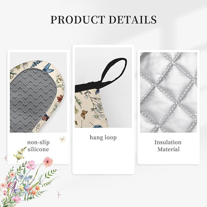 Vintage Floral Oven Mitts and Pot Holders 3Pcs, Retro Floral Silicone Oven Mitts Birthday for Flower Lover, Cute Botanic Wild Flowers Heat Resistant Non-Slip Oven Gloves for Mom Wife Sister