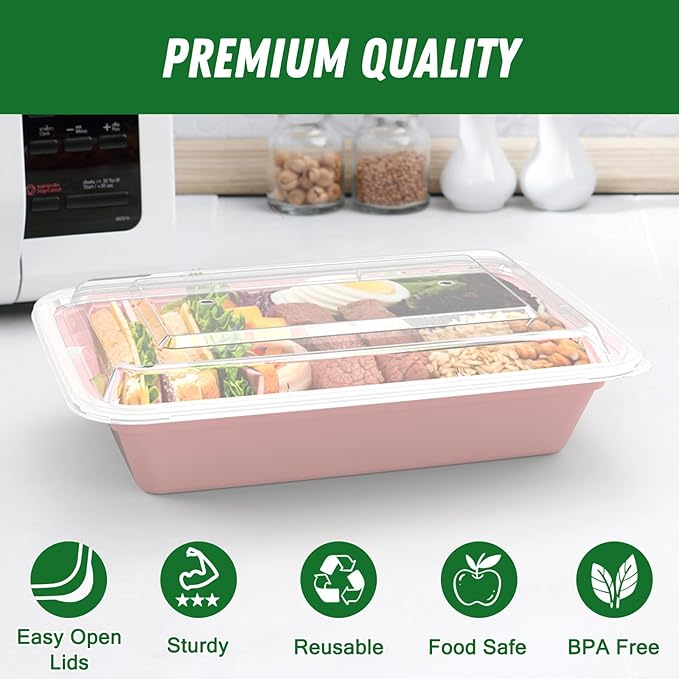 50 Pack (100-Piece) 32 oz Meal Prep Containers Reusable with Easy Open Lids, Sturdy Leakproof Food Safe, Microwave Freezer Dishwasher Safe, To Go Take Out Plastic Food Storage Pans with Lids, Pink - Image 3