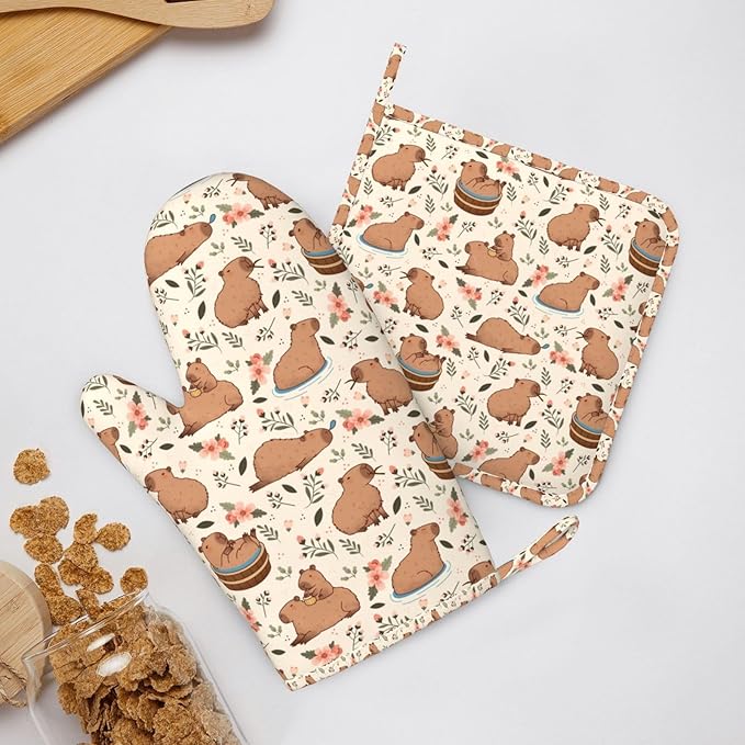 Oven Mitts and Pot Holders Set - Cute Animal Kitchen Gifts Heat Resistant to 500°F, Non-Slip Silicone Grips for Baking, Cooking, Grilling, BBQ Accessories