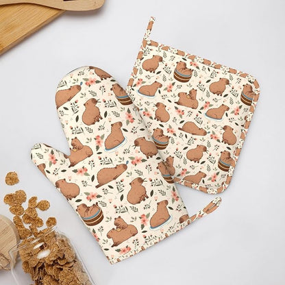 Oven Mitts and Pot Holders Set - Cute Animal Kitchen Gifts Heat Resistant to 500°F, Non-Slip Silicone Grips for Baking, Cooking, Grilling, BBQ Accessories