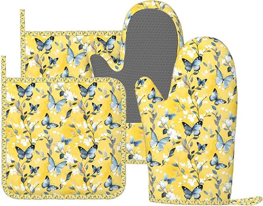 Oven Mitts and Pot Holders Watercolor Pastel Butterfly Flower Silicone Kitchen Accessories Set of 4 Heat Resistant Long Gloves Potholder Non-Slip Grip for Chef Cooking Baking Grilling BBQ