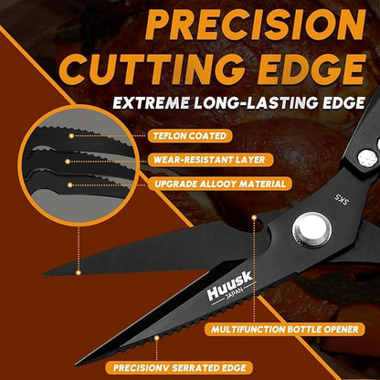 HUUSK Kitchen Scissors for Food - Stainless Steel Kitchen Shears, Sharp Black Meat Scissors Dishwasher Safe, Heavy Duty Poultry Shears, Japanese Cooking Scissor for Chicken, Christmas Gifts for Men - Image 3