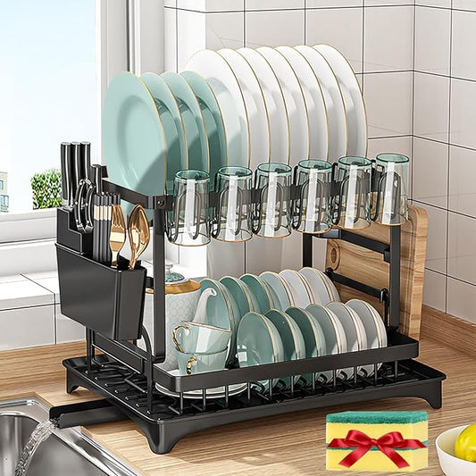 XLMYS Dish Drying Rack, 2 Tier Large Dish Drying Rack for Kitchen Counter with Drainboard Stainless Steel Dish Drainer for Dish/Knifes/Cup/Cutting Board, Black by XLMYS