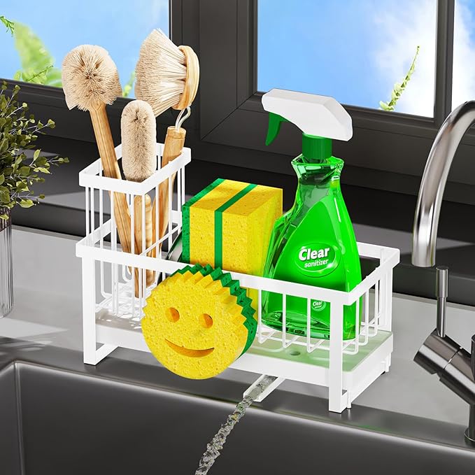 Sponge Holder for Kitchen Sink,Sink Caddy with Removable Dish Brush Holder,Self-Draining Kitchen Countertop Organizers and Storage Essentials,Soap Dispenser Organize and Home Decor-White - Image 5