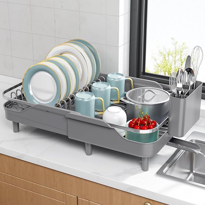 Urackify Expandable Dish Rack for Kitchen Counter, 16.14"-23.62" Large Stainless Steel Dish Drying Rack with Adjustable Water Spout, Space Saving Dish Drainer with Auto Draining Cutlery Holder,Grey - Image 8
