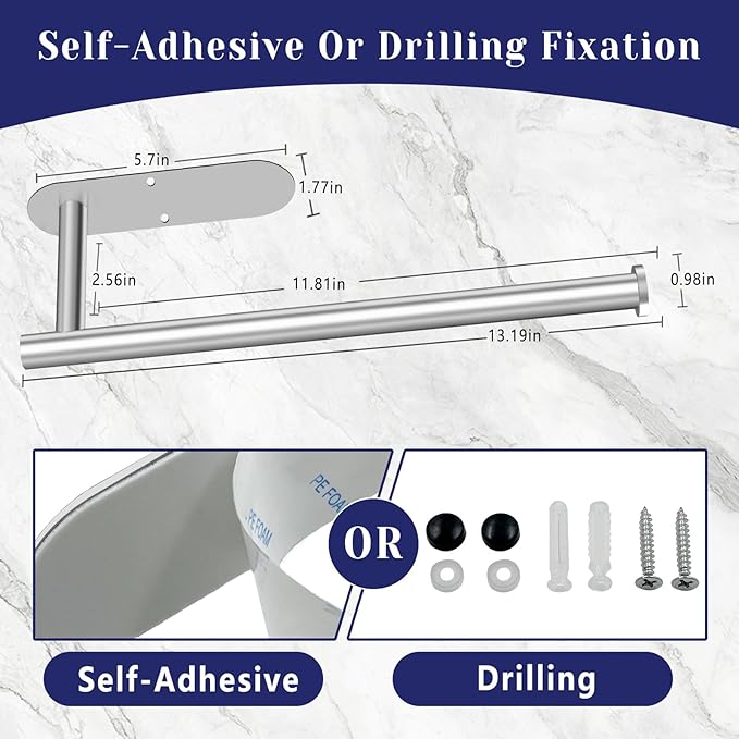 Paper Towel Holder, Self Adhesive or Drilling Paper Towel Holder Under Cabinet, Stainless Steel Paper Towel Holders Wall Mount for Kitchen, Bathroom, Sink, Pantry, Fridge (Sliver) - Image 7