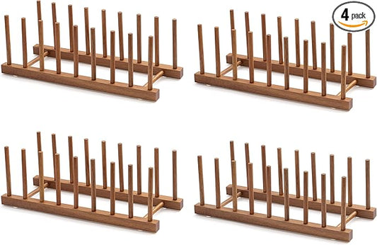 HBlife 4pcs Acacia Wooden Dish Dying Rack Pot Lid Plate Organizer Holder for Cabinet, Cutting Board Stand Drainer Storage Plate Rack for Dish, Pot Lid, Bowl, Cup, Cutting Board and Books by HBlife