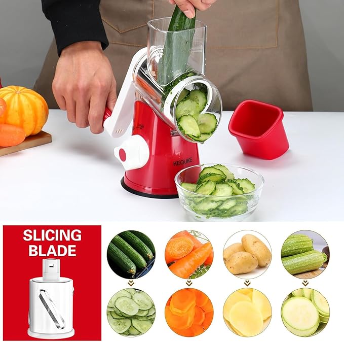 Cambom Rotary Cheese Grater Hand Crank Cheese Shredder for Fresh Cheese, Vegetable, Nuts,Non-slip Suction Base, Free Cleaning Brush Three Blades, Red - Image 4