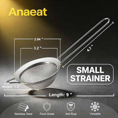 Anaeat Fine Mesh Strainers - Premium Stainless Steel Colander Sieve Sifters, with Durable Mesh and Sturdy Handle, Excellent for Sifting Dry ingredients, Flour, Pastas, Rice, Tea (3.94"）