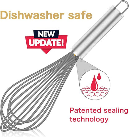 OYV Grey Silicone Whisk, Professional Whisks For Cooking Non-Scratch, Stainless Steel & Silicone Wisk, Plastic Rubber Whisk Tool For Nonstick Cookware Pans, Silicon Wisks Set of 3 - Image 2