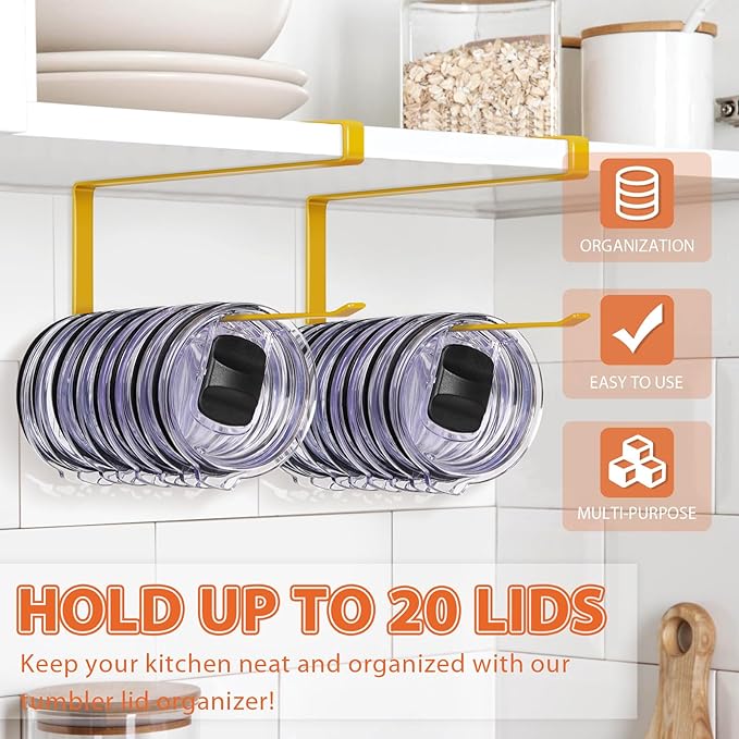 2 Pack Tumbler Lid Organizer, Horizontal Tumbler Lid Storage Hook to Hold Up 20 Lids, Space Saving Cup Lid Holders Under Cabinet Tumbler Lid Hook for Kitchen Organizer, Paper Towel Rack Hanger (Gold) - Image 2