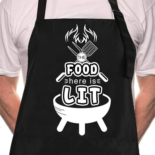 Rosoz Funny BBQ Black Chef Aprons for Men, The Food Here is Lit, Adjustable Kitchen Cooking Aprons with Pocket Waterproof Oil Proof Father’s Day/Birthday