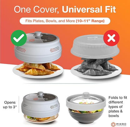 Mikro Innovations Glass & Silicone Microwave Splatter Cover – Tall and Collapsible Design that fits 6-10.5in Plates and Bowls - Space Saving, BPA Free & Dishwasher Safe (1, Gray, large)