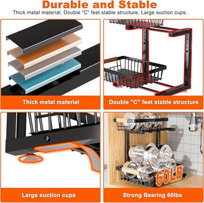 Under Sink Organizer, 2 Pack 2 Tier Under Sink Organizers and Storage, Slide Out Pull Out Cabinet Organizer Shelf, Height Adjustable Metal Drawer for Kitchen Bathroom Closet Organization Rack Black