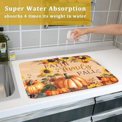 Fall Pumpkin Sunflower Dish Drying Mat 18”x24” Faith Family Fall Drying Mat for Kitchen Counter Absorbent Autumn Orange Pumpkins Thanksgiving Dishes Pad Drainer Mat Protector for Kitchen Fast Dry