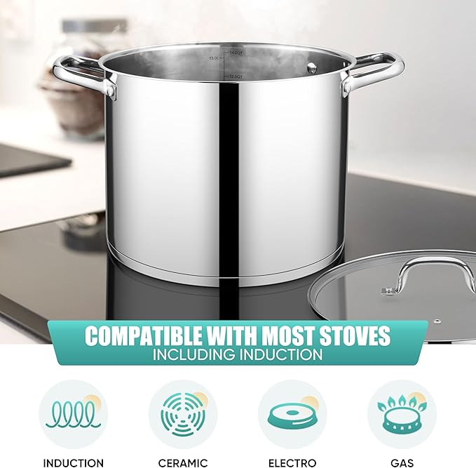 E-far 14 Quart Stainless Steel Stock Pot, Heavy Duty Induction Stockpot with Glass Lid for Cooking Soup Canning, Thick Tri-Ply Bottom & Riveted Handles, Compatible with All Stoves, Dishwasher Safe - Image 5