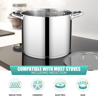 E-far 14 Quart Stainless Steel Stock Pot, Heavy Duty Induction Stockpot with Glass Lid for Cooking Soup Canning, Thick Tri-Ply Bottom & Riveted Handles, Compatible with All Stoves, Dishwasher Safe - Image 5