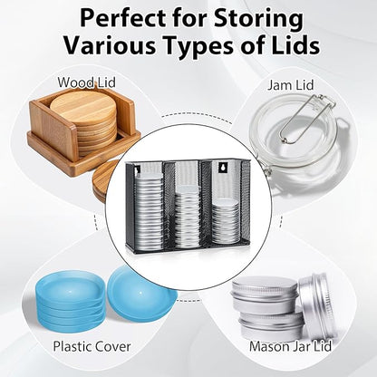 Wall Mounted Mason Jar Lid Organizer Metal Mason Jar Lid Holder 3-Compartment Mason Jar Lid Rack Vertical Mason Jars Lid Storage Wide Mouth Canning Lid Holder Stackable for Kitchen Countertop