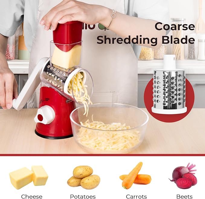 X Home Rotary Cheese Grater for Kitchen, Shredder with 3 Interchangeable Blades, Rotary Grater with Handle and Strong Suction Base, for Vegetables, Fruit, Nuts, Easy to Use and Clean, Red - Image 2