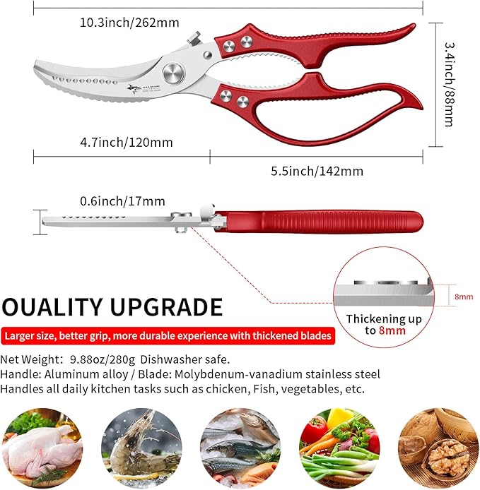 MAD SHARK Professional Heavy Duty Poultry Shears - Kitchen Shears for Spatchcocking Chicken and Meat Cutting, Multi-Purpose Kitchen Scissors for Food, Spring-loaded (Red) - Image 2