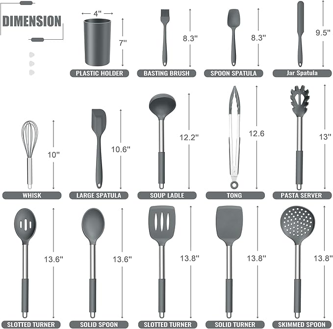 E-far 14 Pieces Silicone Cooking Utensils Set, Kitchen Utensils Set with Holder, Spatula, Ladle, Spoon, Tong, Slotted Turner for Nonstick Cookware, 446°F Heat Resistant & Stainless Steel Handle, Gray - Image 2