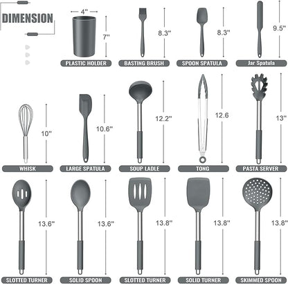 E-far 14 Pieces Silicone Cooking Utensils Set, Kitchen Utensils Set with Holder, Spatula, Ladle, Spoon, Tong, Slotted Turner for Nonstick Cookware, 446°F Heat Resistant & Stainless Steel Handle, Gray - Image 2