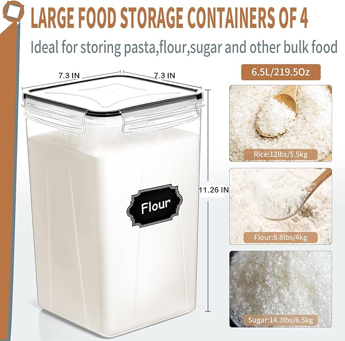 PRAKI Extra Large Tall Airtight Food Storage Containers 6.5L / 220oz, BPA Free, 4pcs Pantry Kitchen Organizers and Storage for Flour, Sugar, Plastic Flour Container with 20 Labels & Maker - Image 2
