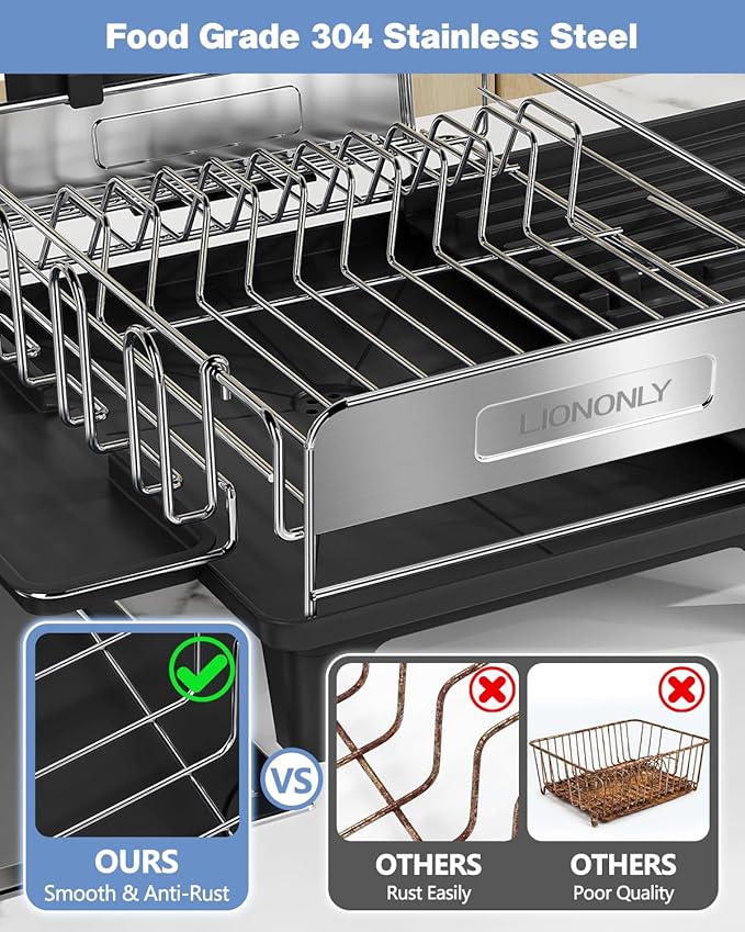 Expandable Dish Drying Rack, Dish Racks for Kitchen Counter, Stainless Steel 304, Flip-Top Retractable Plate, Multi-Directional Adjustable Dish Rack, Space Saving Large Drying Rack Kitchen, Black - Image 5