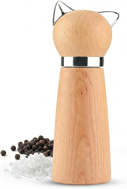 Ryevalley Wood Cat Pepper Grinder - Manual Wooden Salt Mill with Adjustable Coarseness - Unique Minimalist Kitchen Decor & Aesthetic Cat Themed Gifts for Cat Lovers, Natural Beechwood