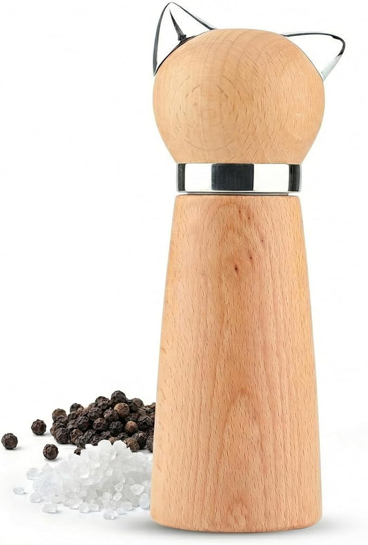 Ryevalley Wood Cat Pepper Grinder - Manual Wooden Salt Mill with Adjustable Coarseness - Unique Minimalist Kitchen Decor & Aesthetic Cat Themed Gifts for Cat Lovers, Natural Beechwood