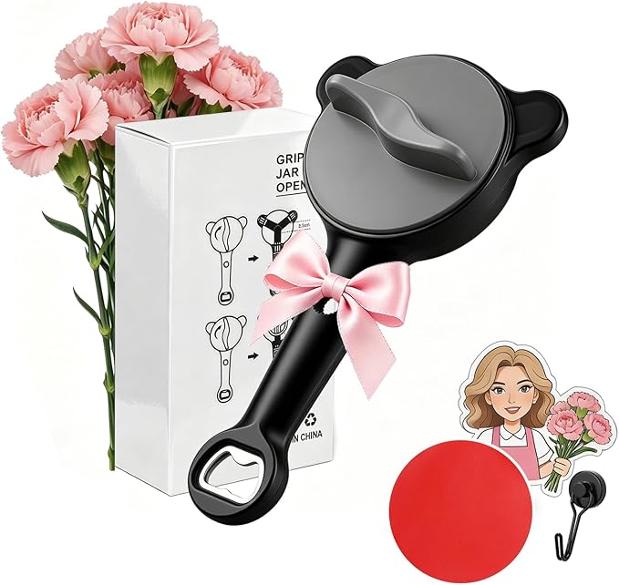 Jar Opener for Seniors, 4-in-1 Adjustable Lid Opener with Non-Slip Grip, Includes Magnetic Hook & Rubber Gripper, Suitable for Jars, Bottles and Beer Caps, Perfect for Arthritis and Weak Hands
