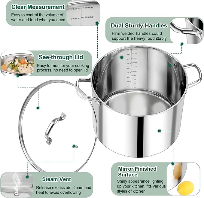 P&P CHEF 20 QT Stock Pot with Lid, Stainless Steel Large Cooking Pot, Soup Canning Stockpot for Stewing Simmering, Tri-ply Bottom for All Stoves, Heavy-Duty &Dishwasher Safe & Food-Grade - Image 3